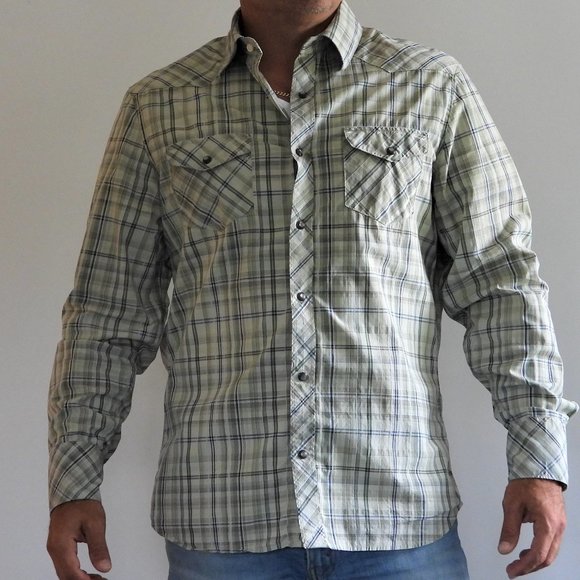 Banana Republic Mens Sz Large Western Shirt Blue Green Plaid Pearl Snap Stretch - Picture 3 of 4